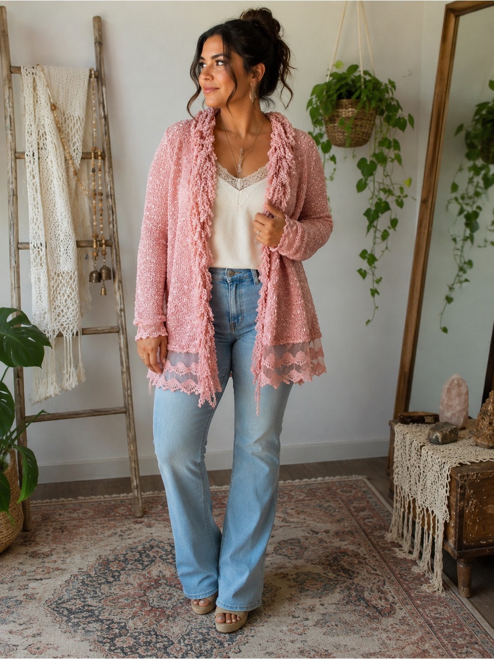 Sioni Pink Boho Wool Blend Lace Long Cardigan M/L